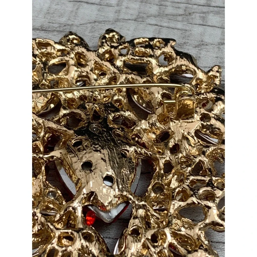 Set of 3 Red Rhinestone Gold Tone‎ Filigree Brooches Floral Heart Crystal Pins